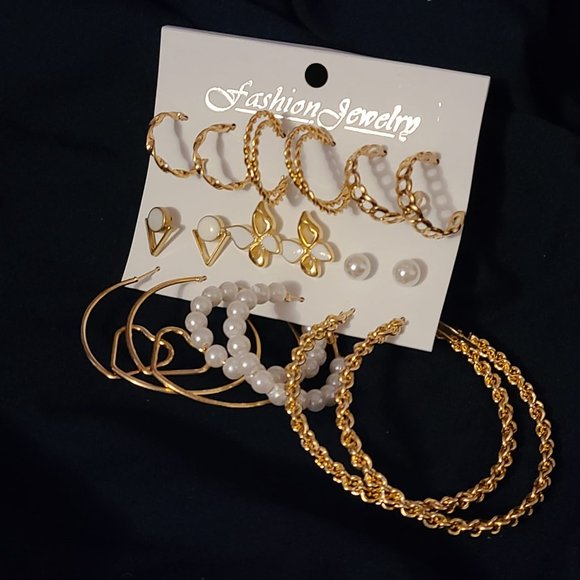 FNIO Gold Color Pearl Metal Hoop Earrings Set - Picture 2 of 11